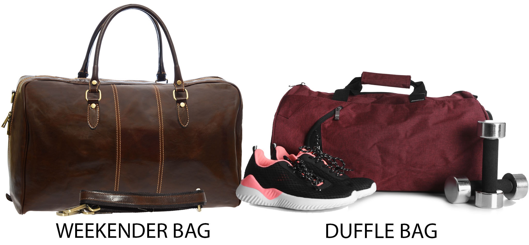 A weekender bag is more structured compared to a duffle bag that's more like a gym bag