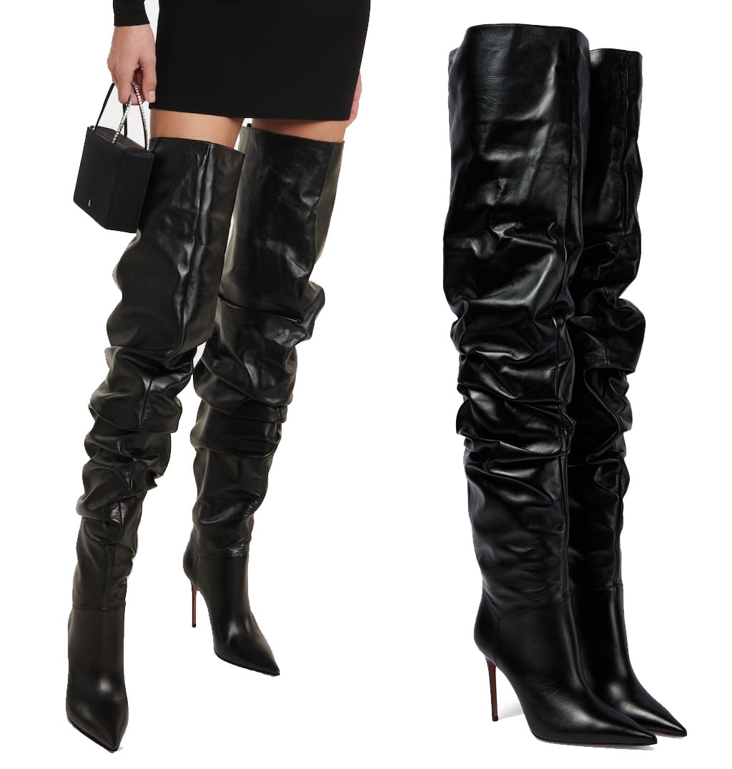 These Italian-crafted thigh-high boots are made from ruched lamb leather set atop a 4-inch stiletto heel
