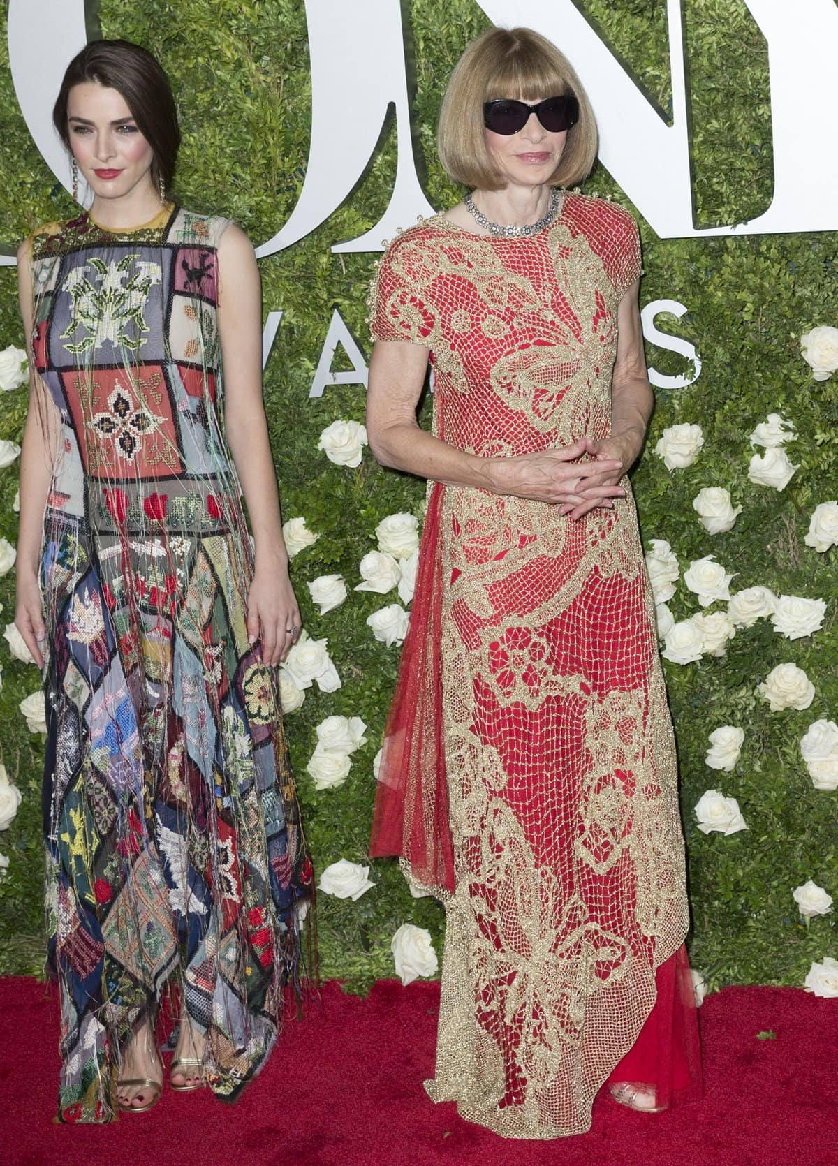 Bee Shaffer in a colorful Alexander McQueen dress and Anna Wintour in a Maison Margiela Spring 2017 Couture gown attend the 71st Annual Tony Awards