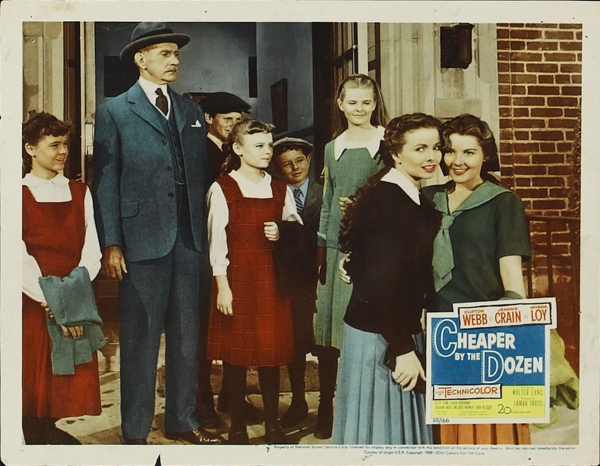 The 1950 American family comedy film Cheaper by the Dozen starred Clifton Webb as Frank Bunker Gilbreth Sr. and Myrna Loy as Mrs. Lillian Gilbrethg raising 12 children
