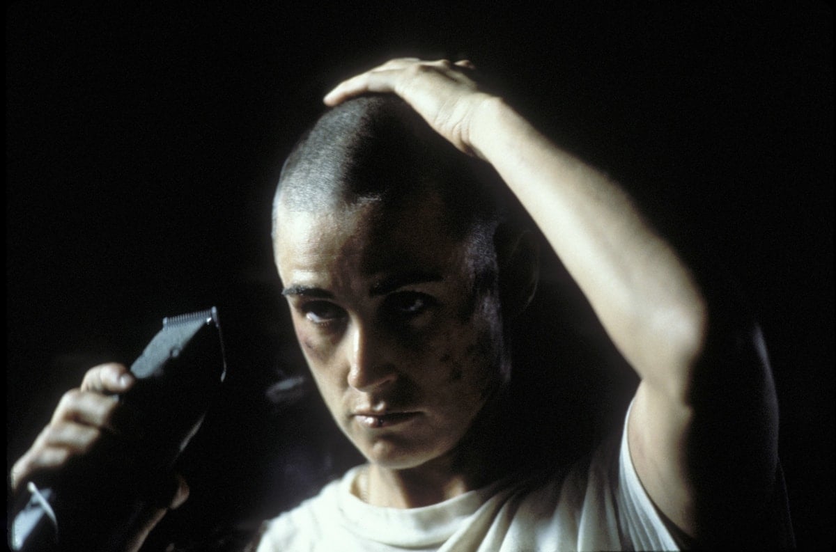 Demi Moore shaves her head as Lieutenant Jordan O'Neil in the 1997 American war drama film G.I. Jane