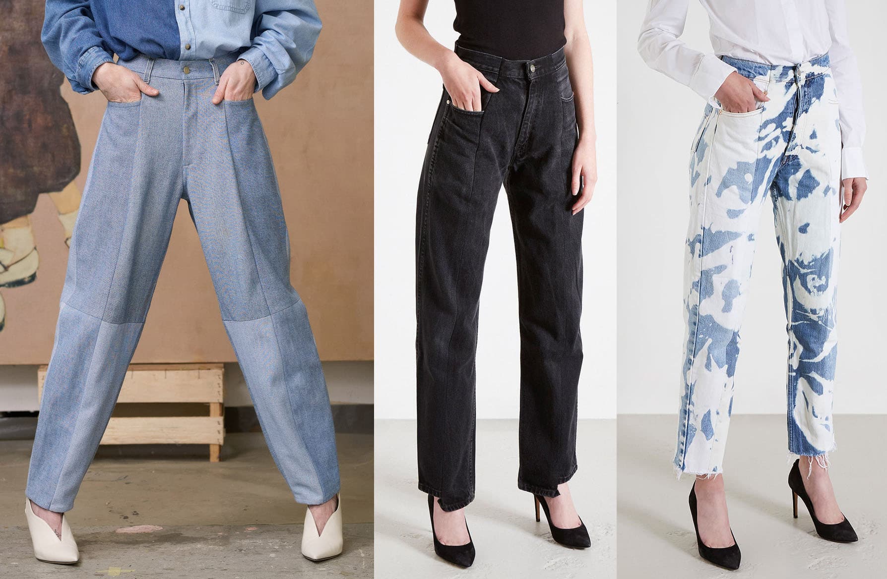 The Tailored Trousers, $798; Black Match Boyfriend Jeans, $399; Bleach Contrast Straight-Leg Jeans, $433