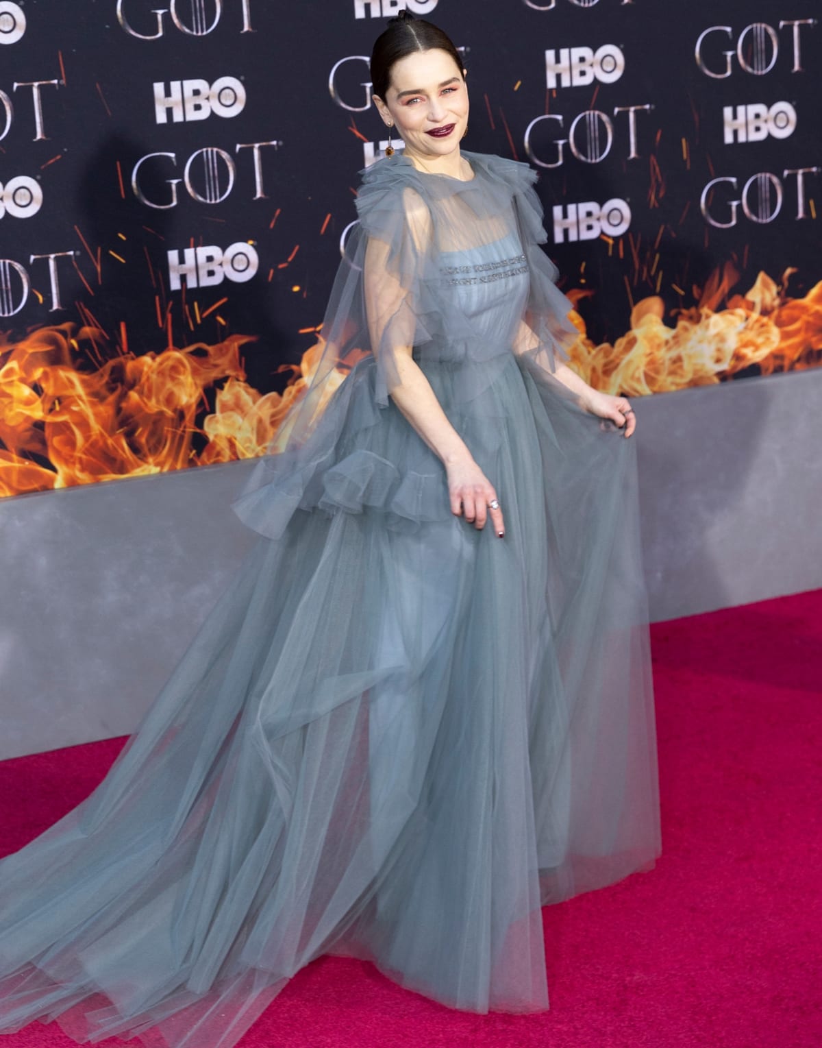 Emilia Clarke in a baby blue Valentino dress at the Game of Thrones Season 8 premiere