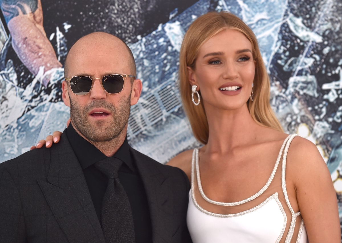 Jason Statham in a Tom Ford suit and Rosie Huntington-Whiteley in an Atelier Versace dress at the premiere of Hobbs & Shaw