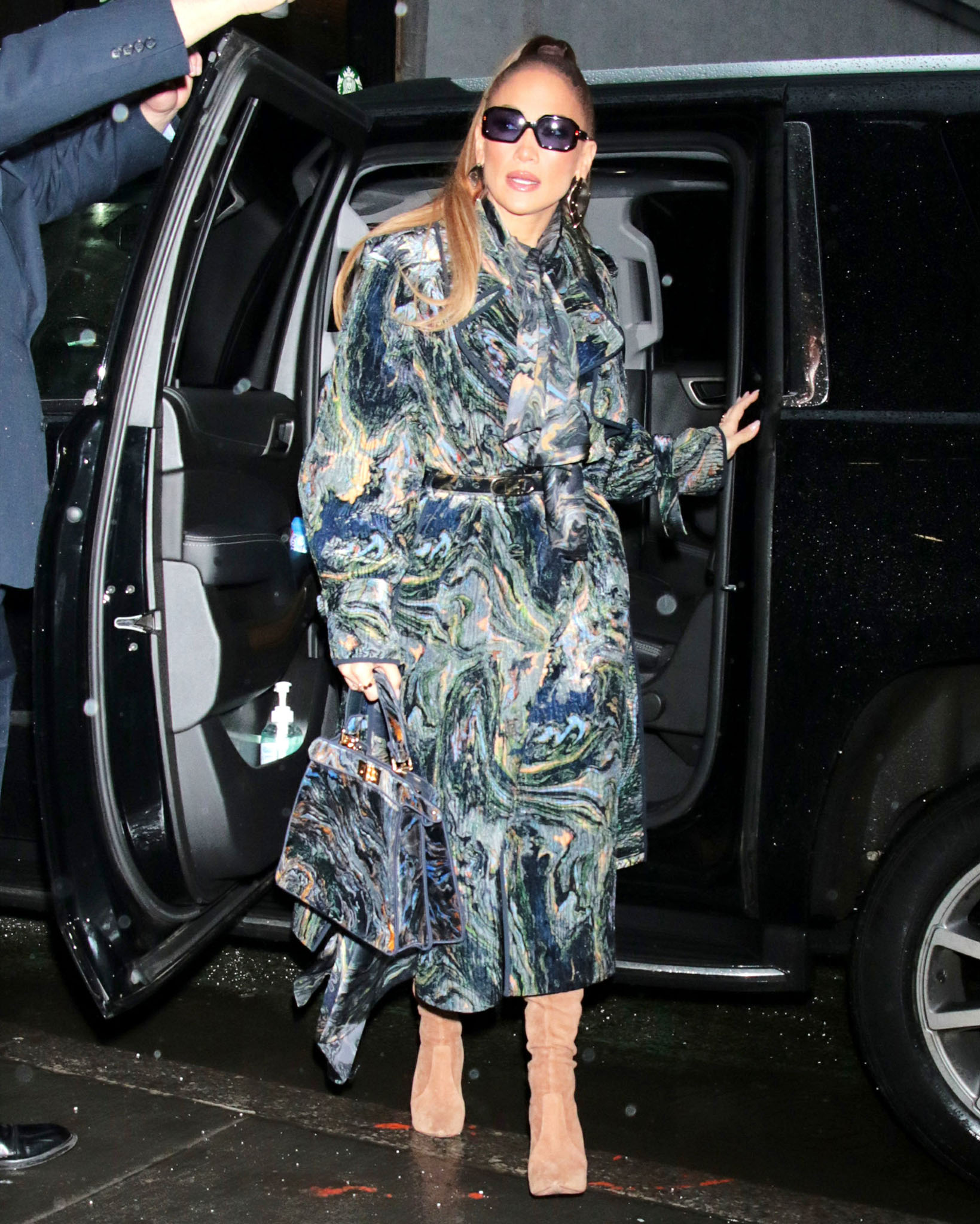 Jennifer Lopez arrives at Today Show in Fendi Karligraphy marbled swirl outfit