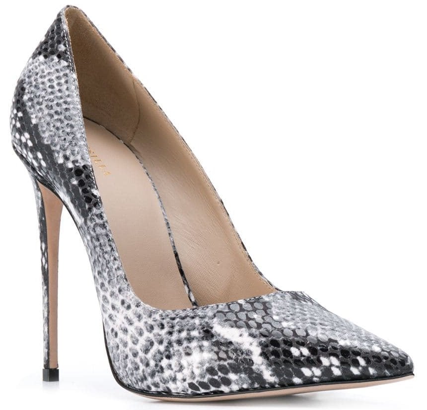 The Le Silla Eva features python skin-effect leather, pointy toes, and stiletto heels