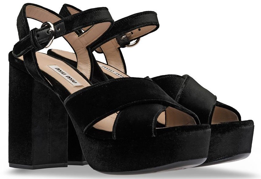 These Miu Miu sandals feature thick velvet crossover straps and chunky platforms and block heels