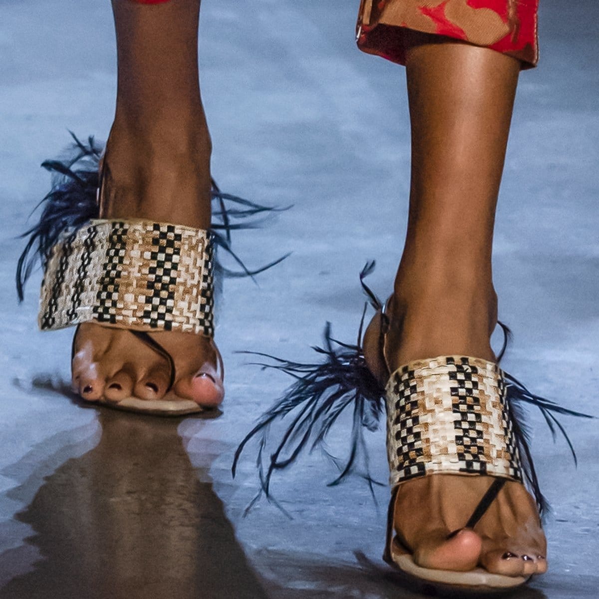 A model shows off her feet in fringe sandals as part of the Prabal Gurung fashion show during New York Fashion Week
