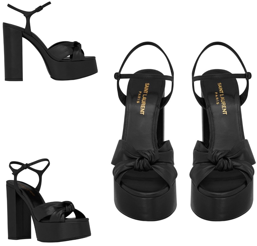 Platform sandals with crisscrossed front tied in a knot, featuring an adjustable ankle strap and covered block heel