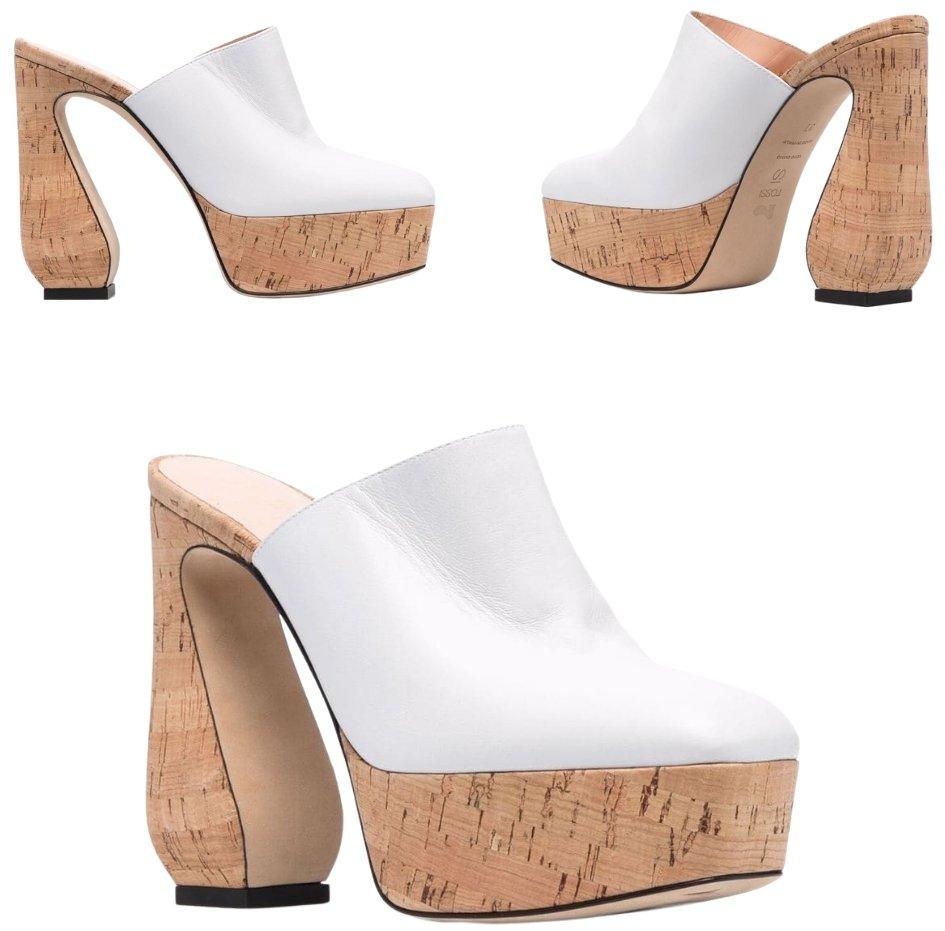 Crafted from white leather, these high heeled mules feature a retro-inspired design highlighted by a square toe and sinuous heel