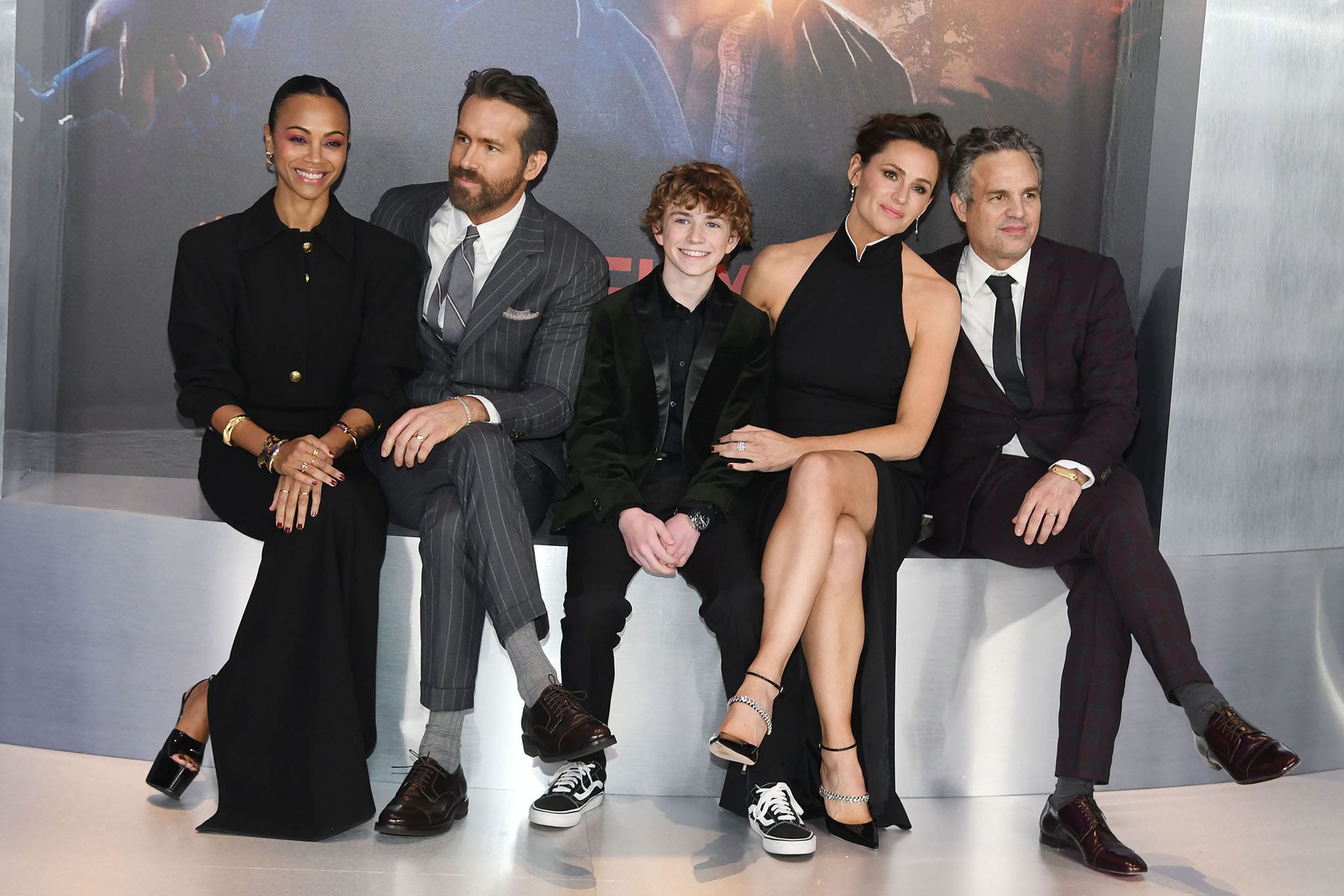 The cast of The Adam Project: Zoe Saldana, Ryan Reynolds, Walker Scobell, Jennifer Garner, and Mark Ruffalo attend The Adam Project World Premiere