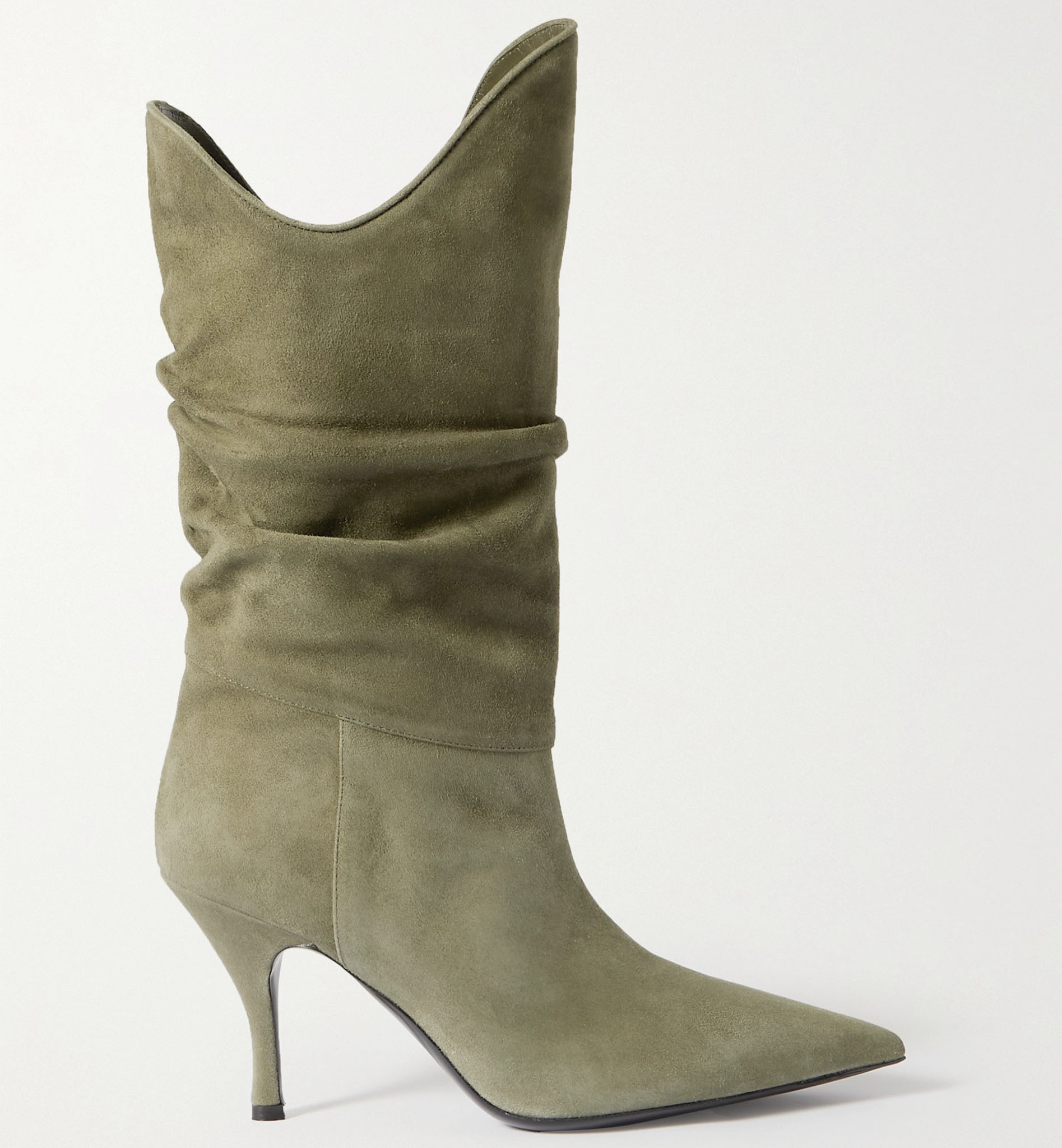 Made in Italy from soft army-green suede, the slouched The Attico's 'Venus' boots have pointy toes and stiletto heels