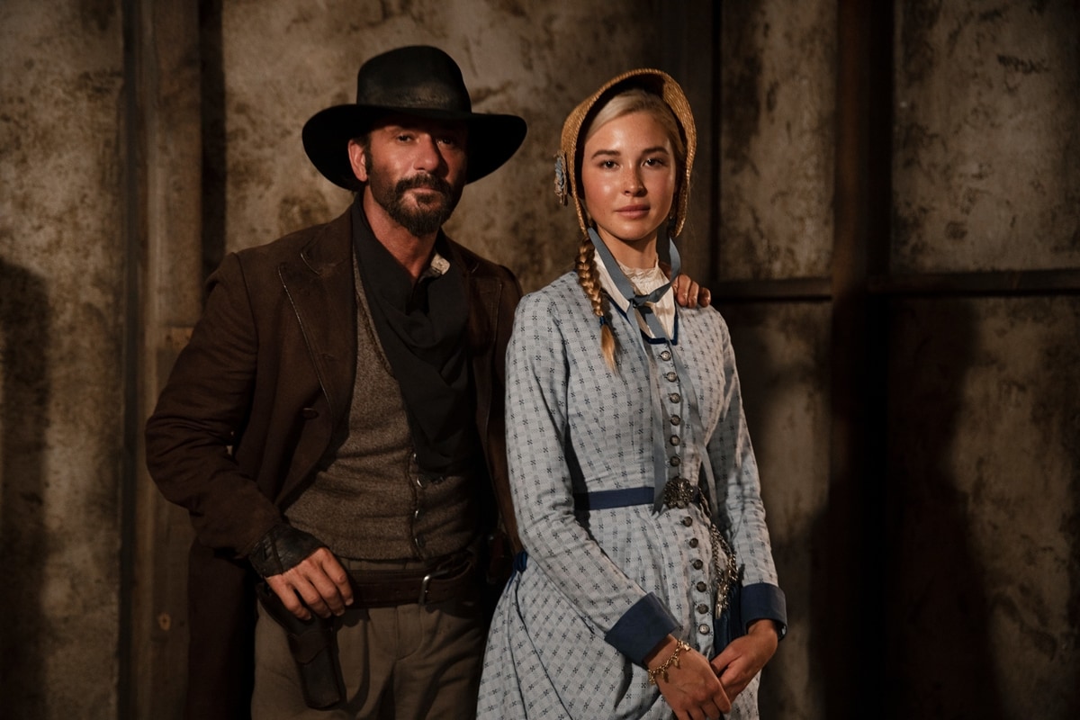 Tim McGraw as James Dutton and Isabel May as his daughter Elsa Dutton in the American drama television series 1883