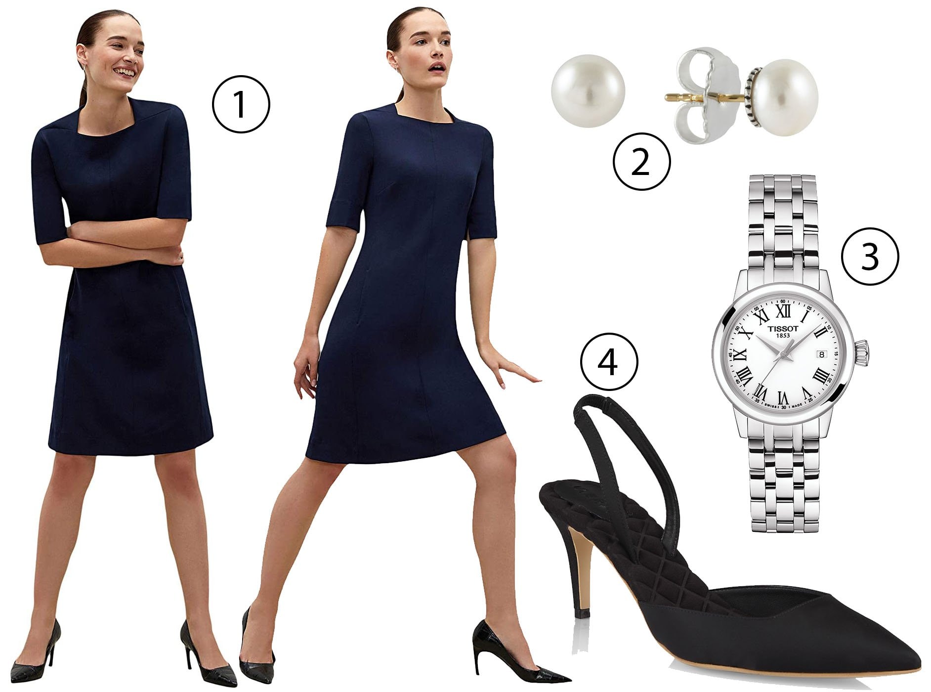 1. M.M.LaFleur Emily Dress; 2.Lagos Luna 8mm Pearl Stud Earrings; 3. Tissot Classic Dream Bracelet Watch; 4. Aera Gabriella Satin Slingback Pumps