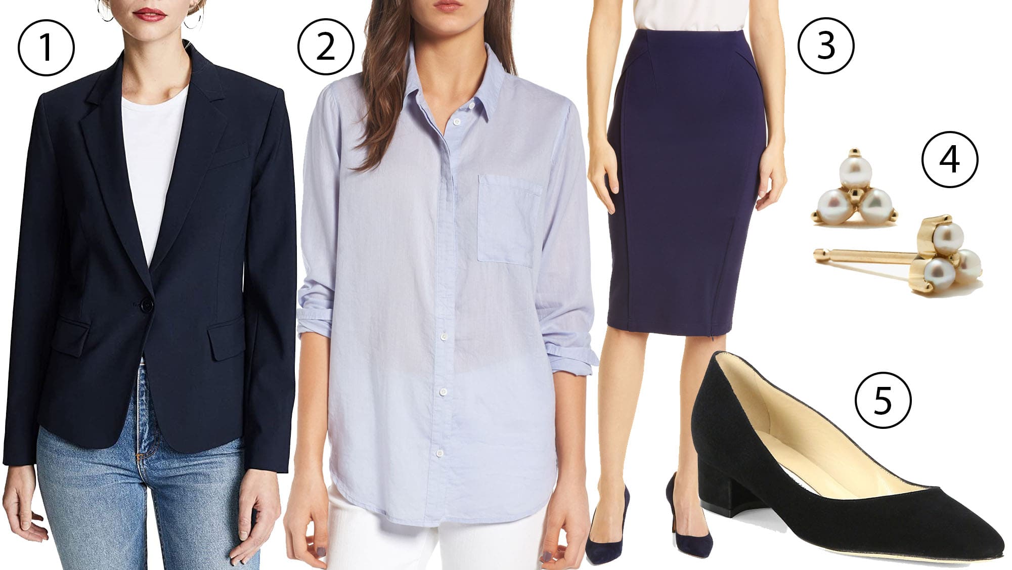 1. Theory Four Gabe N Blazer; 2. Treasure & Bond Drapey Classic Shirt; 3. Donna Karan New York Sculpted Pencil Skirt; 4. Maria Tash Trinity Pearl & 14kt Gold Single Earring; 5. Manolo Blahnik Listony Block-Heel Suede Pumps