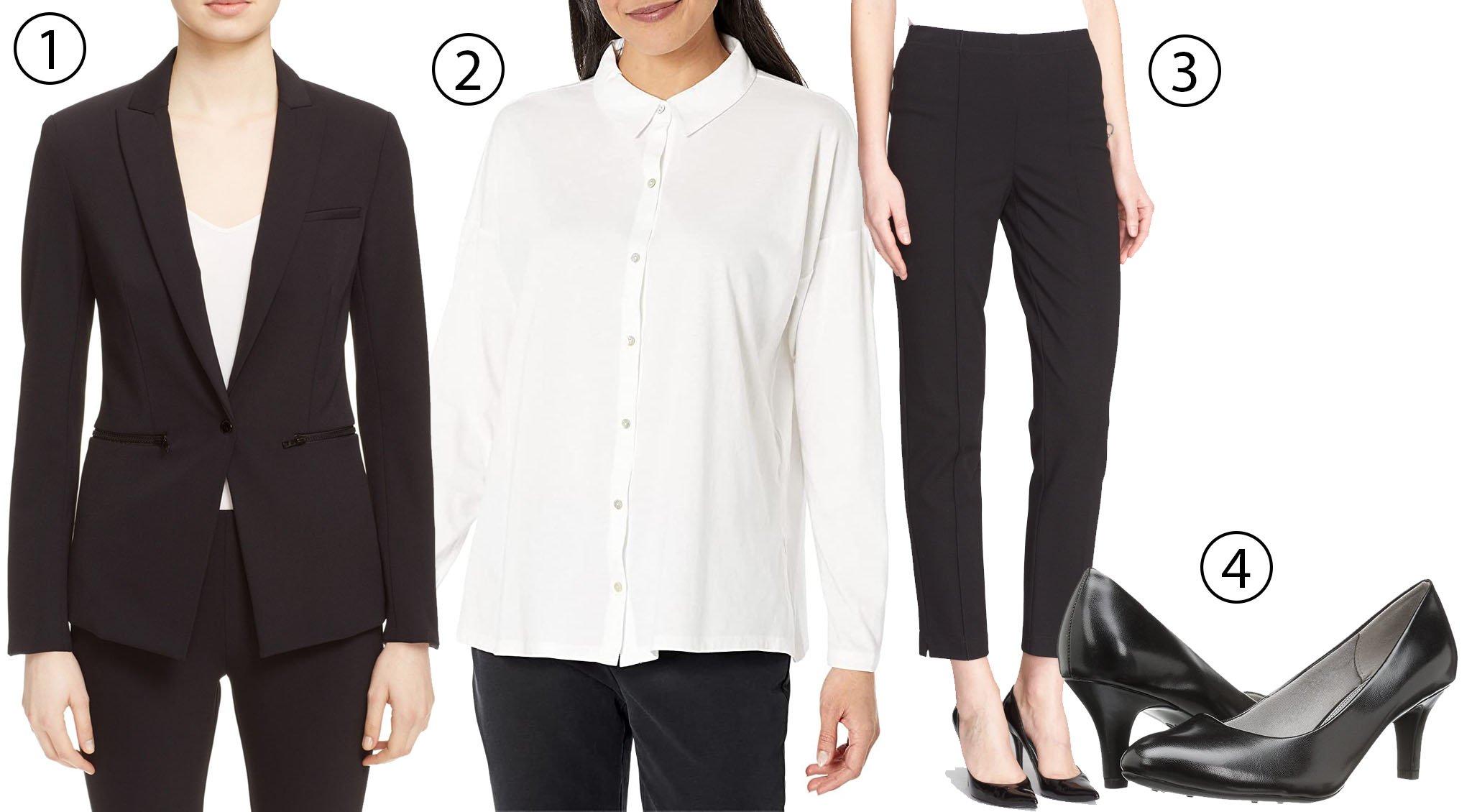 1. Veronica Beard Scuba Jacket; 2. Eileen Fisher Classic Collar Long Boxy Shirt; 3. St. John Collection Ponte Knit Ankle Pants; 4. Lifestride Parigi Pumps