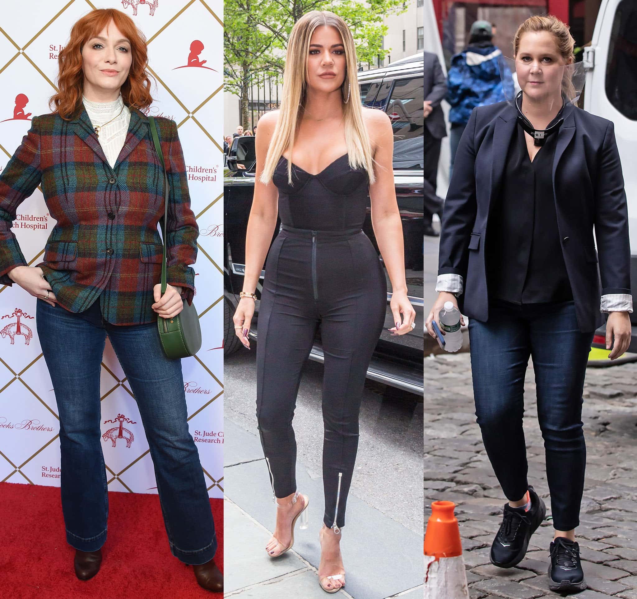 Christina Hendricks, Khloe Kardashian, and Amy Schumer illustrate stylish jeans options for plus-size figures