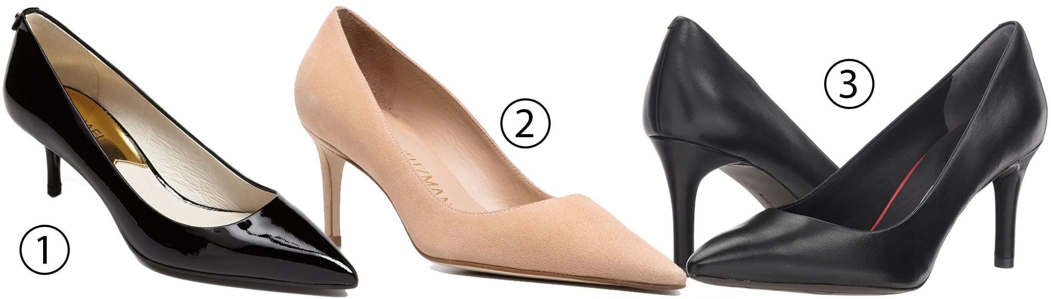 1. Michael Michael Kors Kitten Heel Pump; 2. Stuart Weitzman Stuart 75 Pump; 3. Rockport Total Motion Pointy Pumps