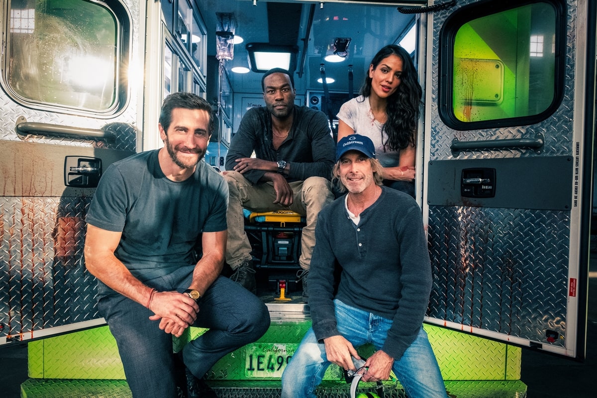 Jake Gyllenhaal, Yahya Abdul-Mateen II, director Michael Bay and Eiza González on the set of 'Ambulance'