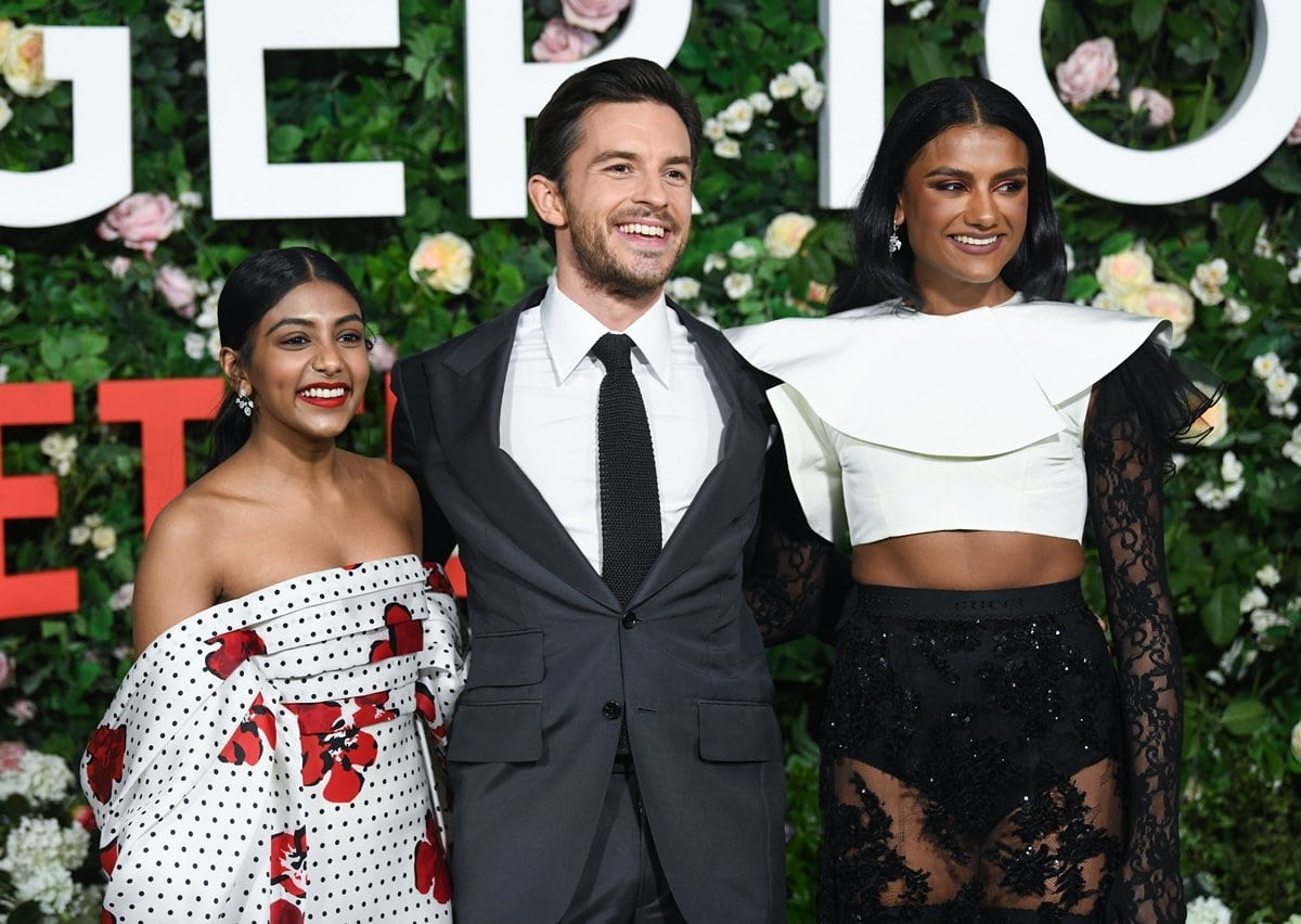 Charithra Chandran in Carolina Herrera, Jonathan Bailey, and Simone Ashley in Gucci at the "Bridgerton" Series 2 World Premiere