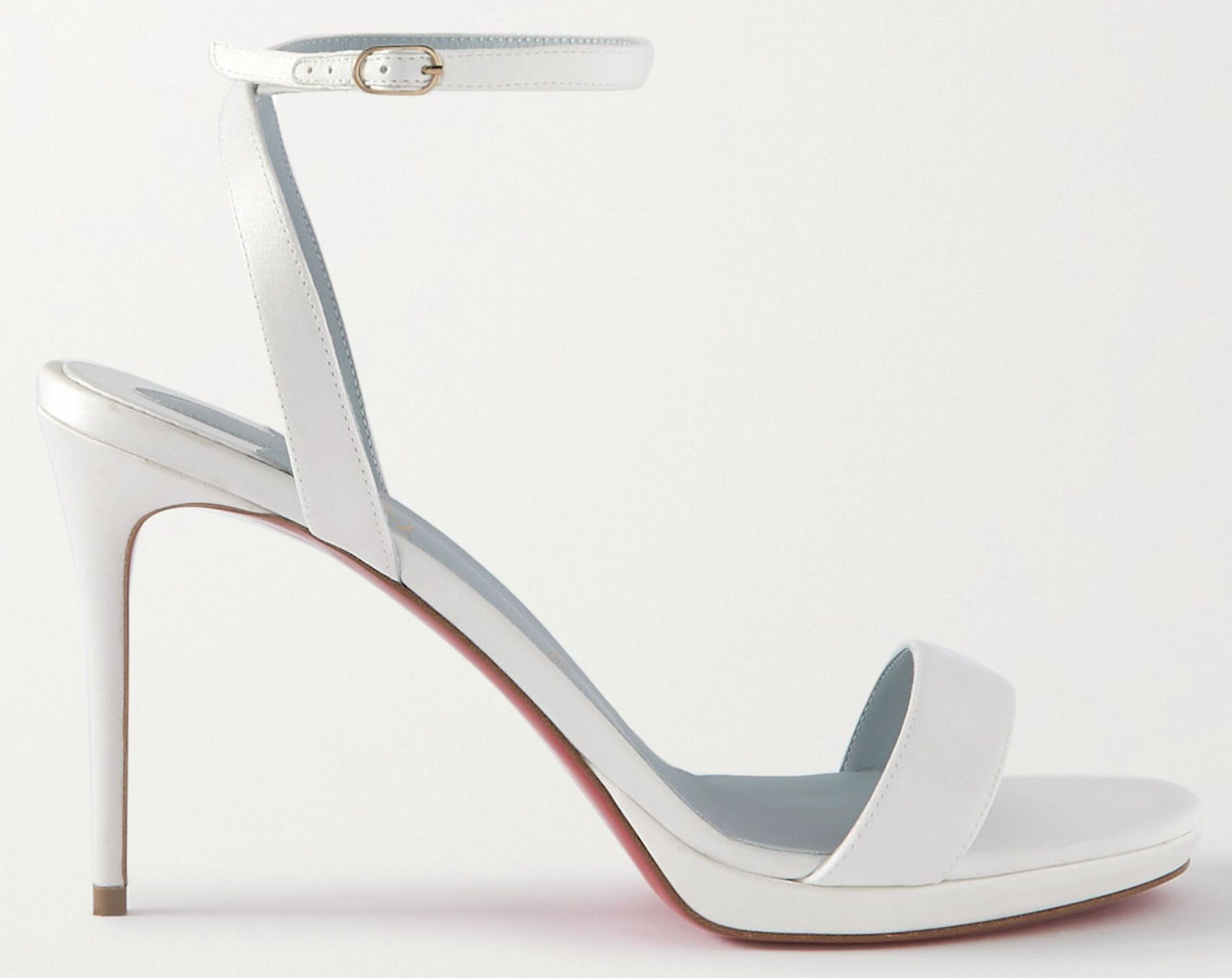 The Loubi Queen sandals feature a white satin upper, an elegant two-strap design, and a 4-inch heel