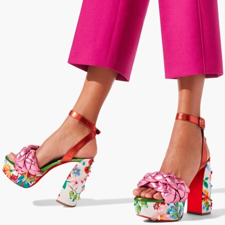 The elegant Movida Brio Bloomy sandal is mounted on a floral platform sole with a matching 130 mm heel embellished with multicolored diamantés