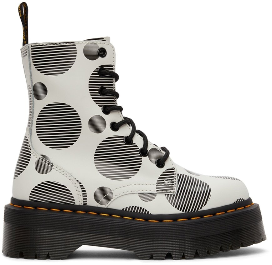 These buffed leather Docs are designed with contrasting polka-dot pattern, finished with 2-inch platforms
