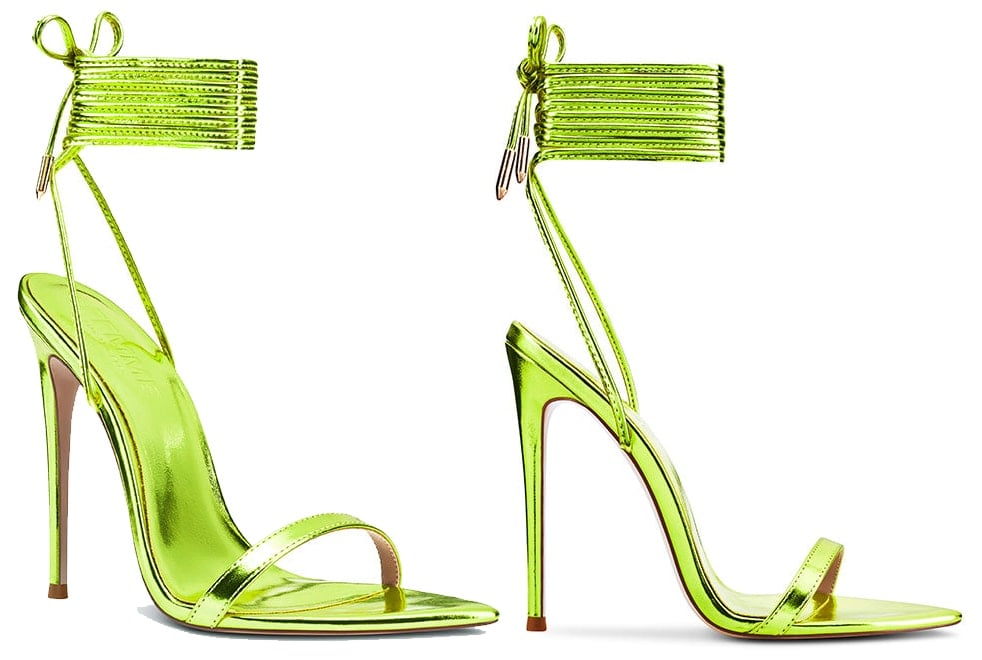 Femme LA's The London sandals come in striking electric green color with wraparound ankle ties and sky-high stiletto heels
