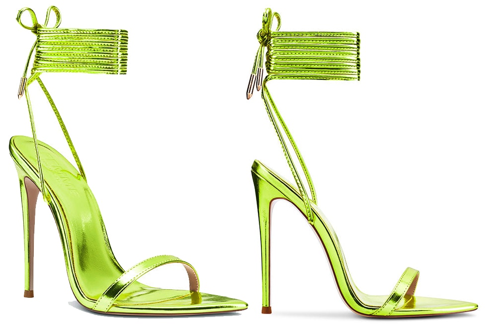 Femme LA's The London sandals come in striking electric green color with wraparound ankle ties and sky-high stiletto heels