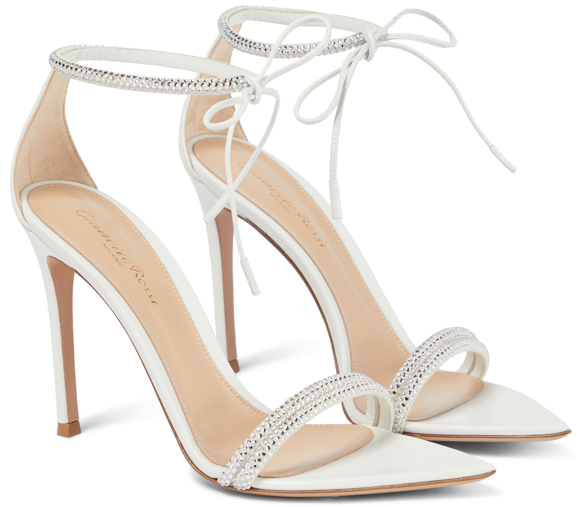 The Gianvito Rossi Montecarlo sandals are studded with crystals, backed with suede, and set atop 4-inch heels