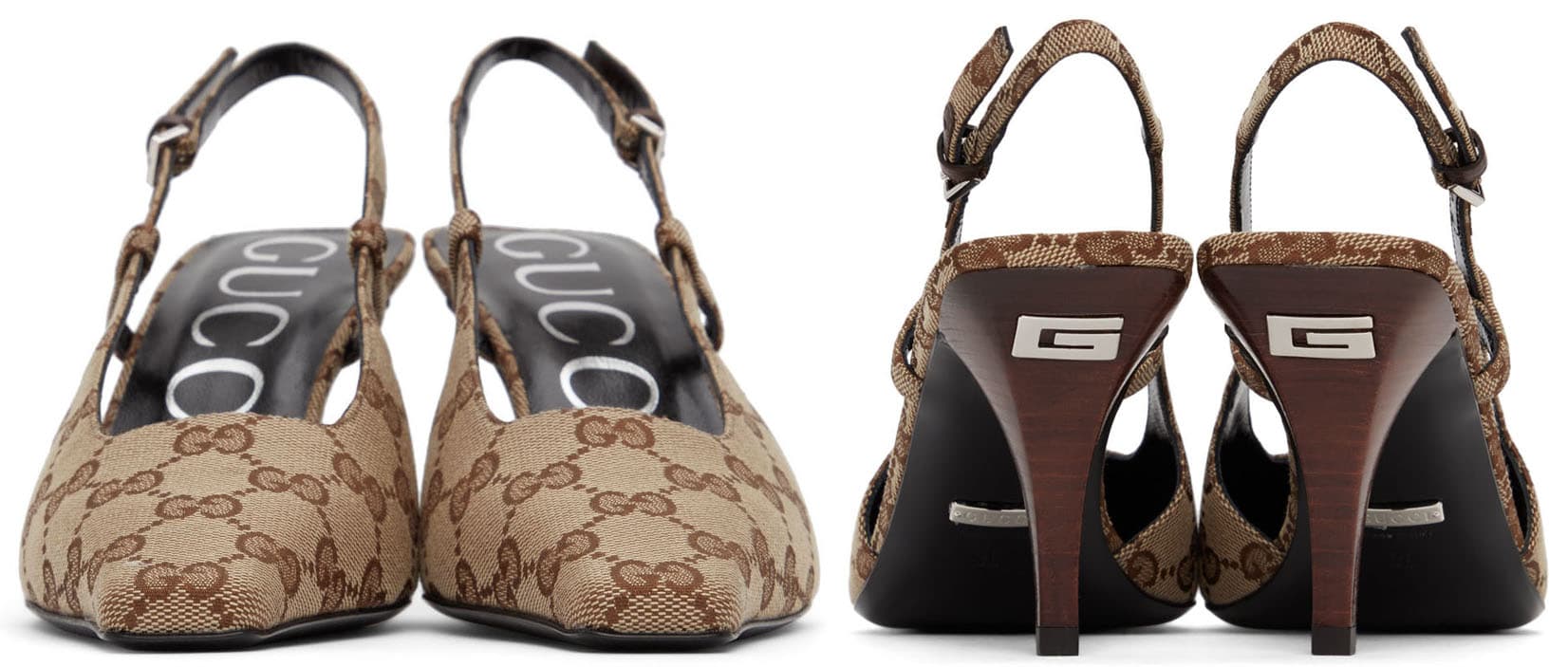 These Gucci slingback pumps are made of beige and brown canvas and feature Gucci's signature logo pattern, square toes, 3-inch heels