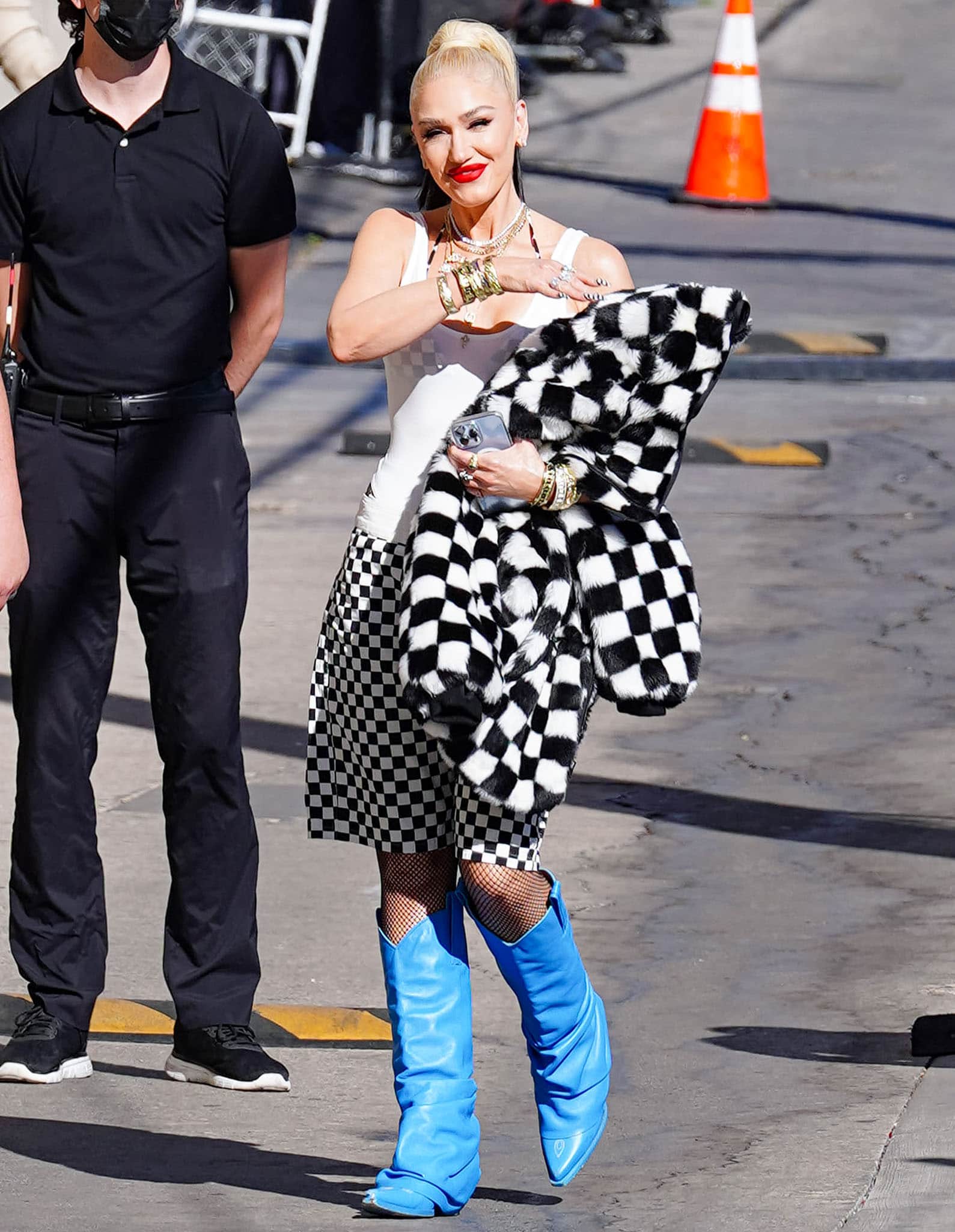 Gwen Stefani arriving at Jimmy Kimmel Live! studios to promote her new makeup line GXVE on March 24, 2022