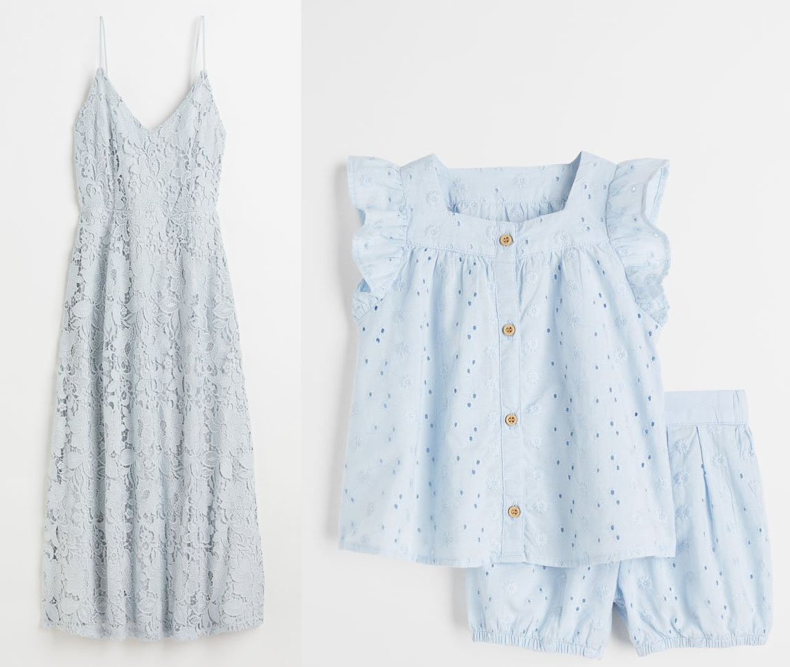 Lace V-Neck Dress in light blue; 2-piece Cotton Set in light blue