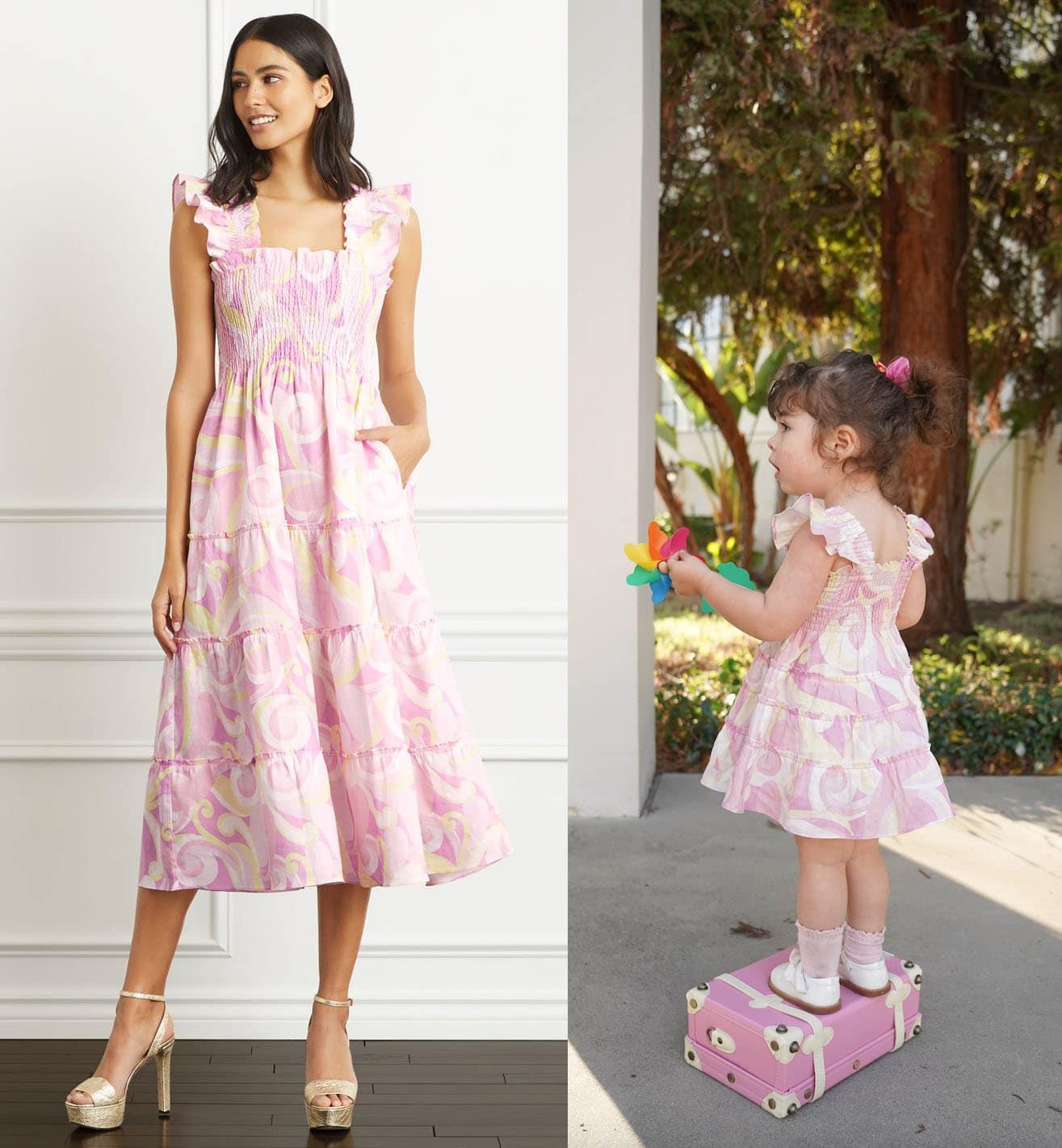 The Ellie Nap Dress in Candy Kaleidoscope Linen; The Tiny Ellie Nap Dress