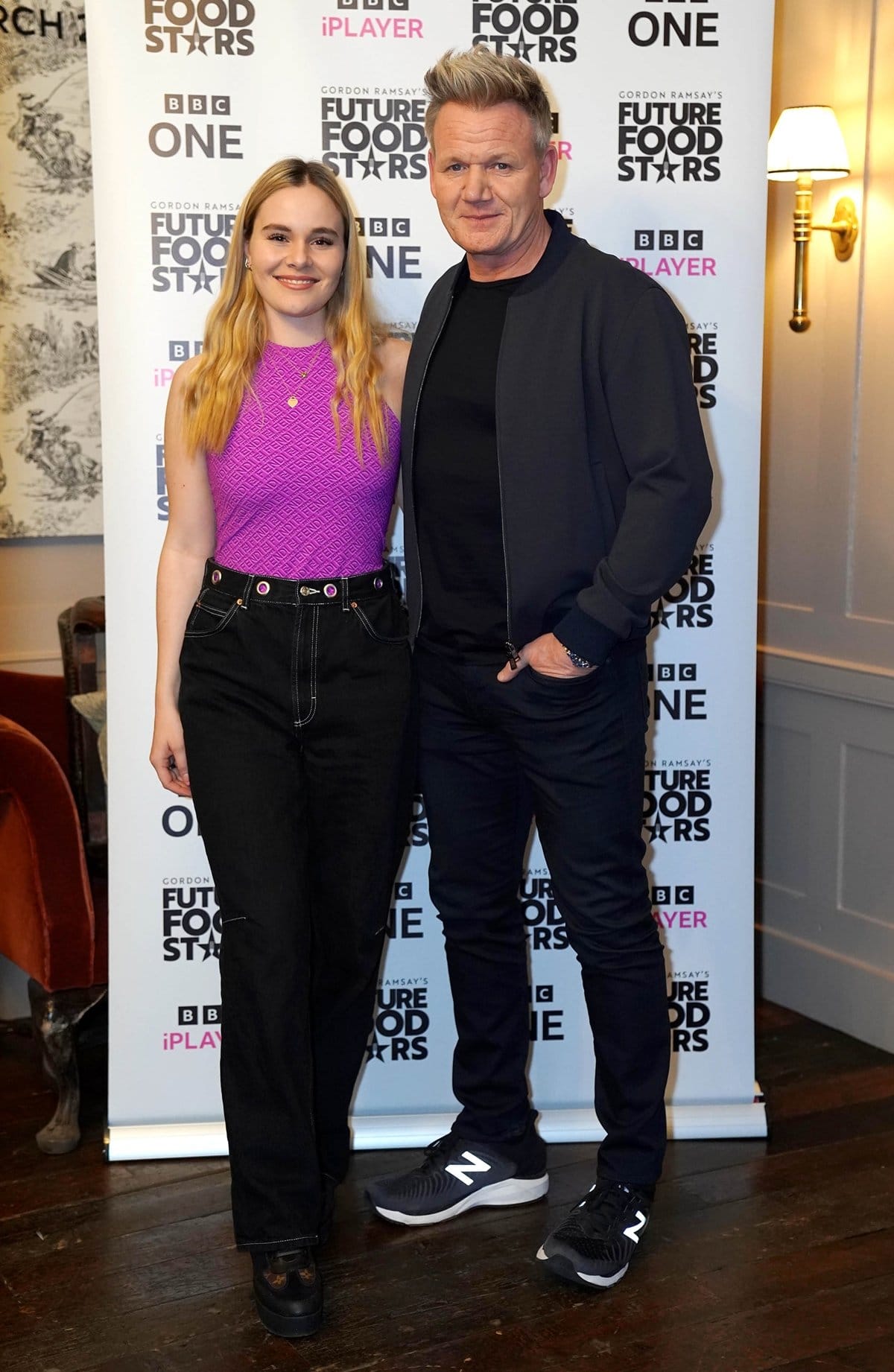 Holly Ramsay in a purple Fendi bodysuit and Topshop mom jeans with her father Gordon Ramsay at the launch of his new TV show Gordon's Future Food Stars
