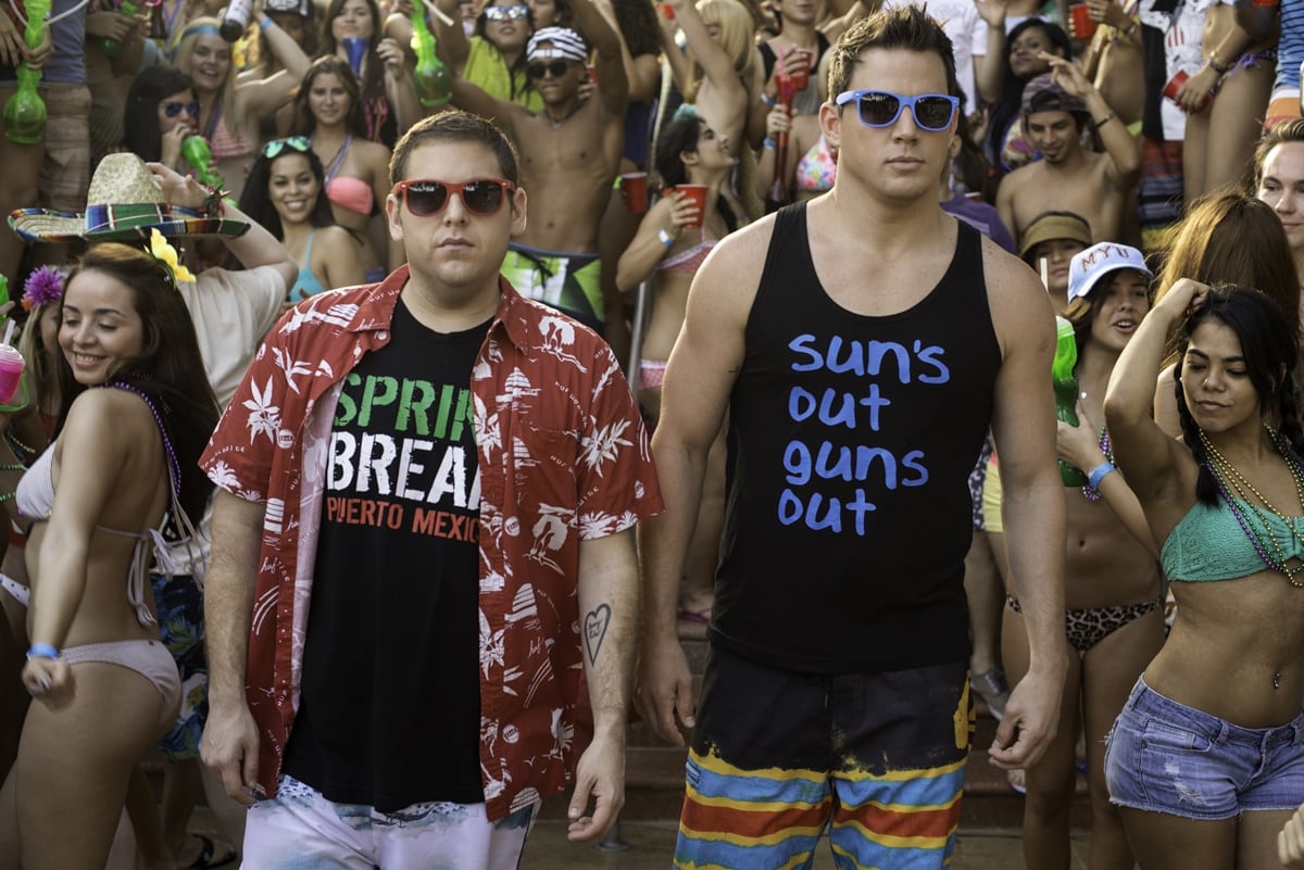 Jonah Hill as Morton Schmidt and Channing Tatum as Greg Jenko in the 2014 American buddy cop action comedy film 22 Jump Street