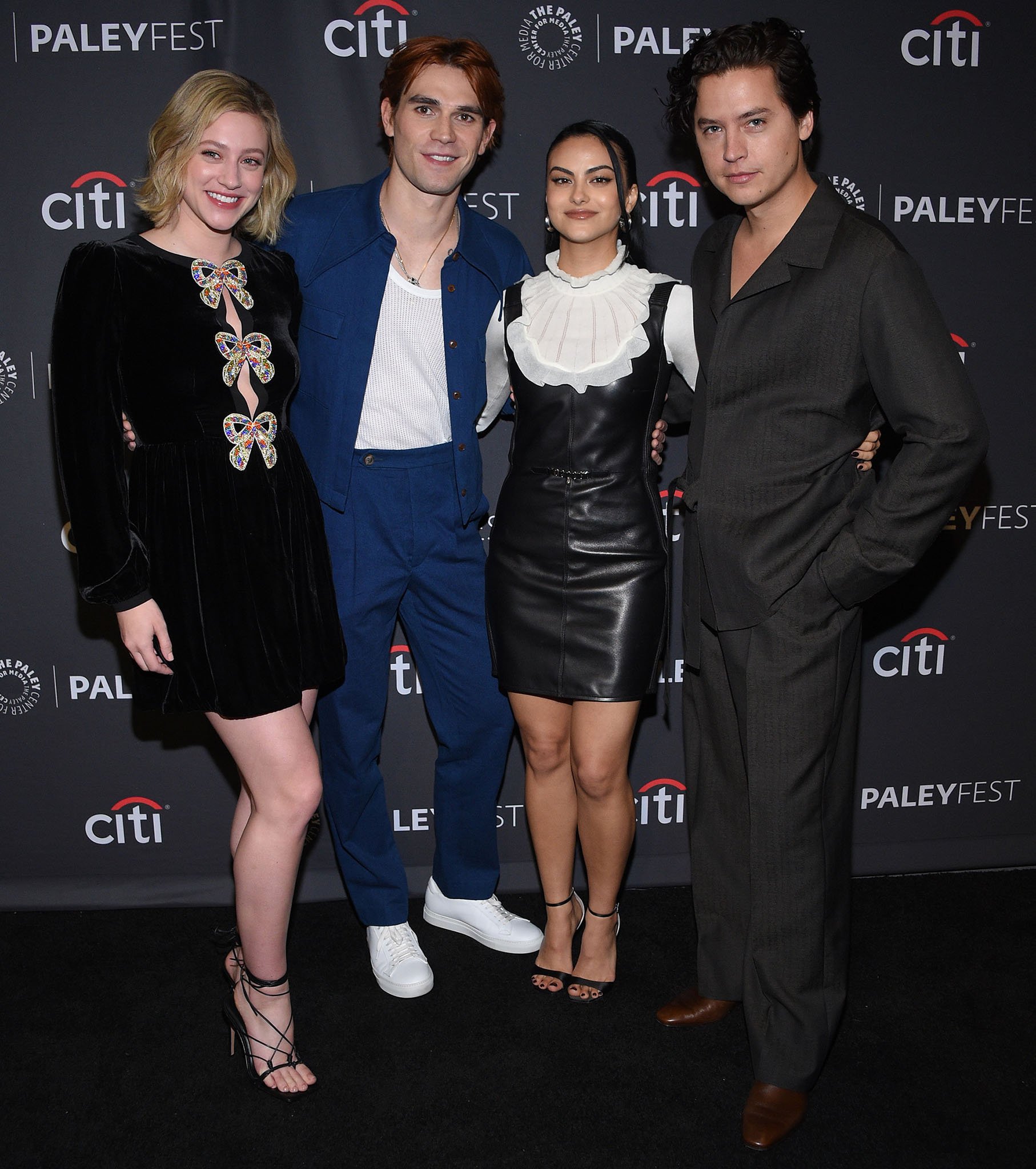 Lili Reinhart, KJ Apa, Camila Mendes, and Cole Sprouse pose together before the Riverdale panel during the 2022 PaleyFest