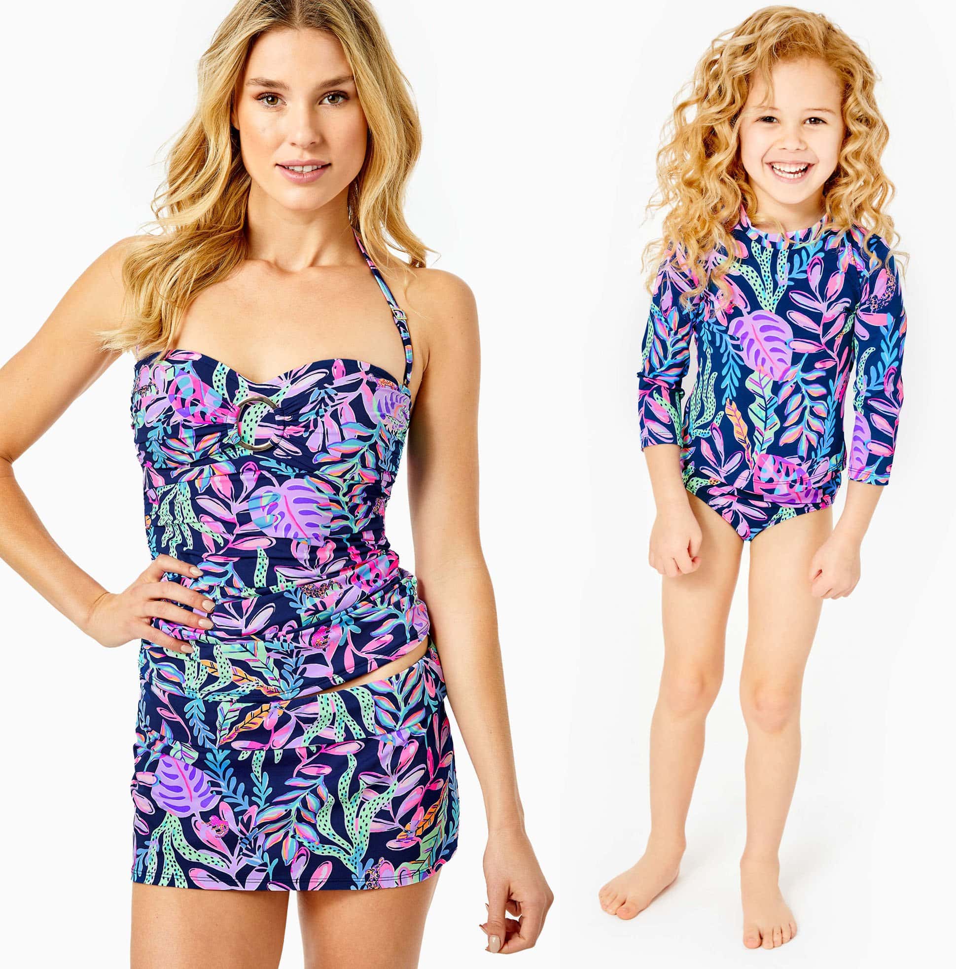 Kady Tankini Top in Oyster Bay Navy Youve Been Spotted; matching Calah Skirted Bikini Bottom; UPF 50+ Girls Bobby Rashguard Set