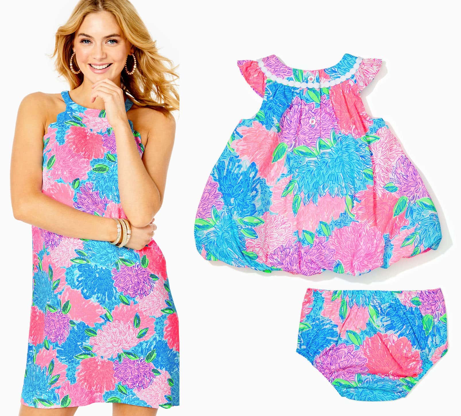 Tabby Shift dress in Multi Beach House Blooms; Baby Paloma Bubble dress in matching print