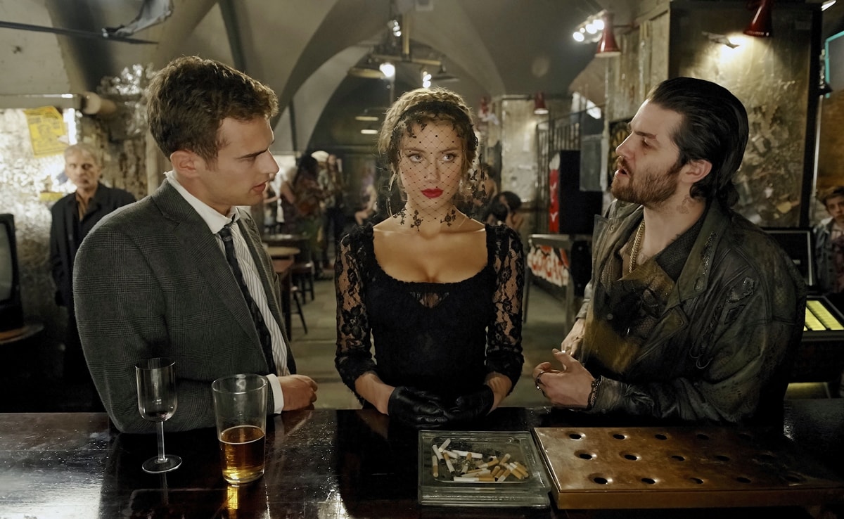Amber Heard as Nicola Six, Theo James as Guy Clinch, and Jim Sturgess as Keith Talent in the 2018 mystery thriller film London Fields