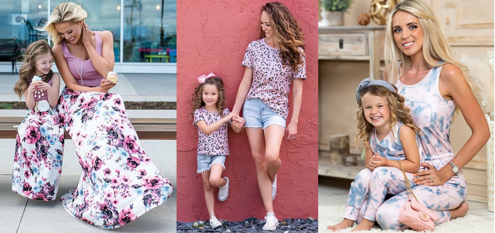 Mommy & Me Little Bohemian Floral Dress; Mommy & Me Hot Spot Crew Neck Top; Mommy & Me Matchy-Matchy Tie Dye Jumpsuit