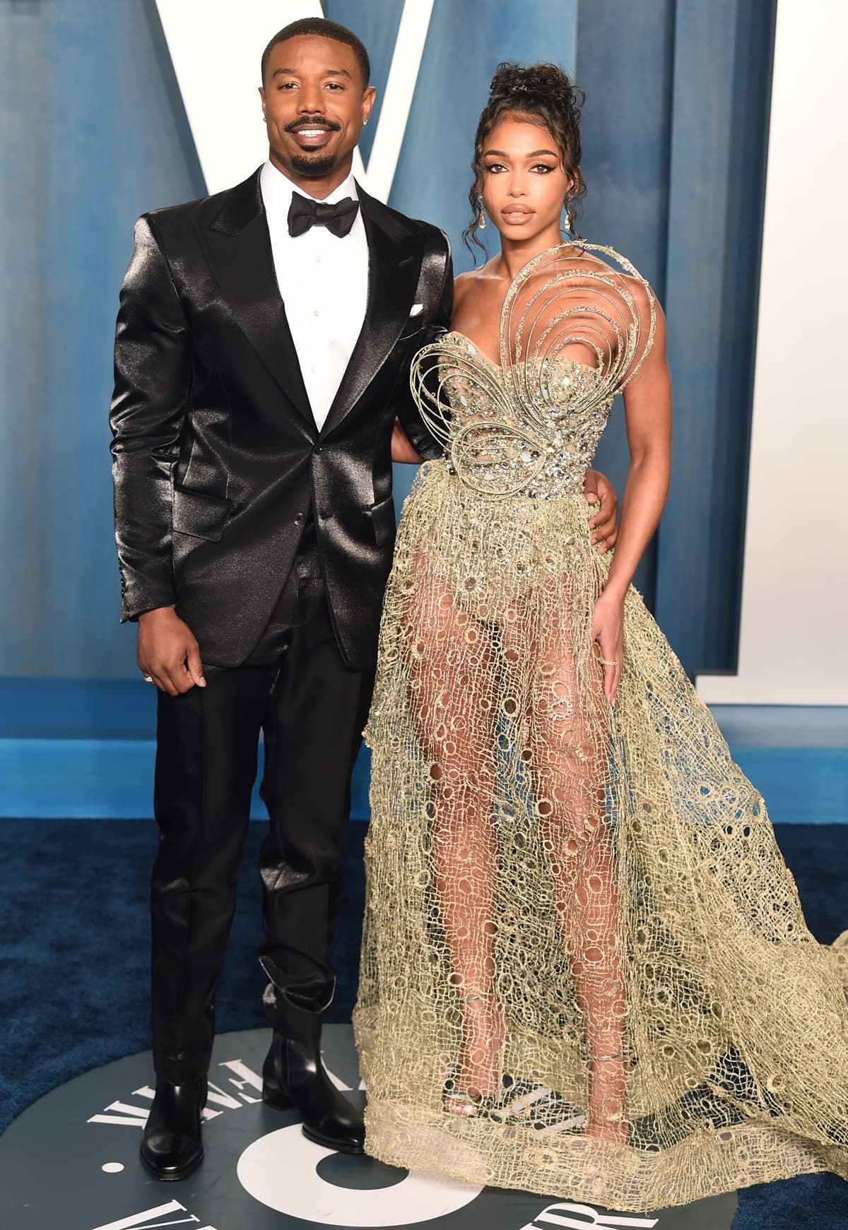 Lori Harvey with then-boyfriend Michael B. Jordan, making their red carpet debut as a couple at the 2022 Vanity Fair Oscar Party