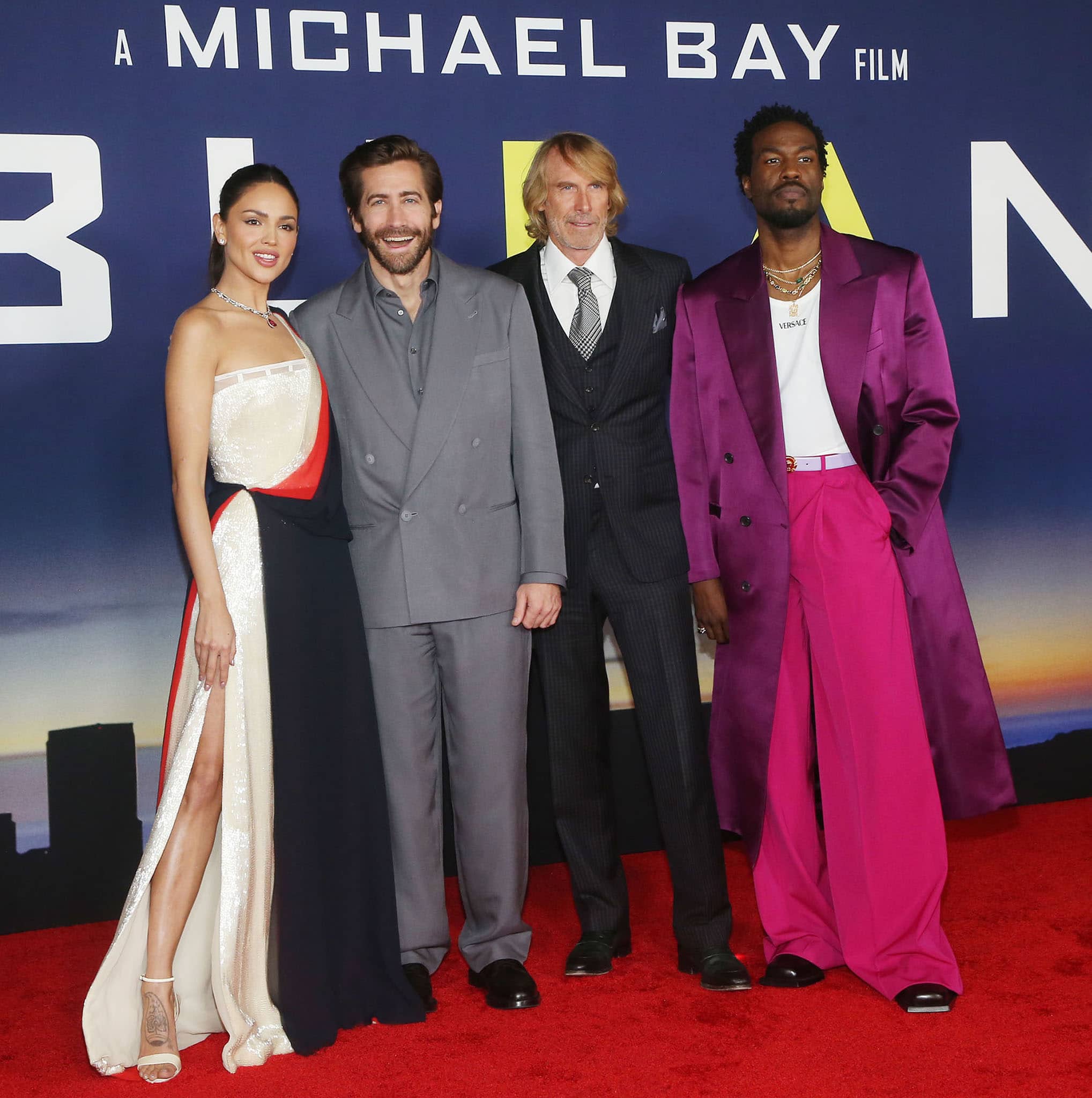Eiza Gonzalez, Jake Gyllenhaal, Michael Bay, and Yahya Abdul-Mateen II at the Los Angeles premiere of Ambulance on April 4, 2022