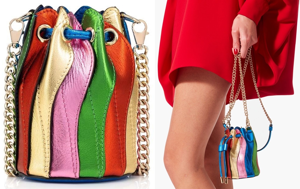 The compact and practical small Marie Jane bag features multicolored patent leather bands and a removable chain strap