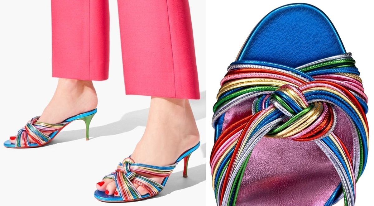 Christian Louboutin Multitaski 70 metallic leather mules crafted in Italy from strips of rainbow-hued metallic leather woven into a knot