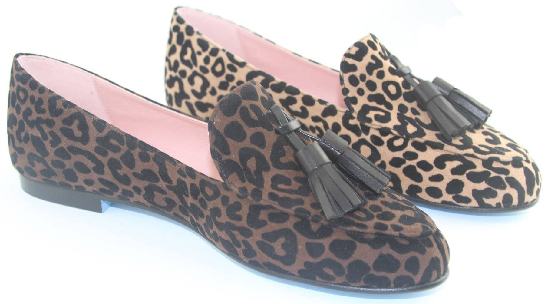 The Stacey is an animal-print tasseled loafer made from 100% recycled polyester with a suede-like finish