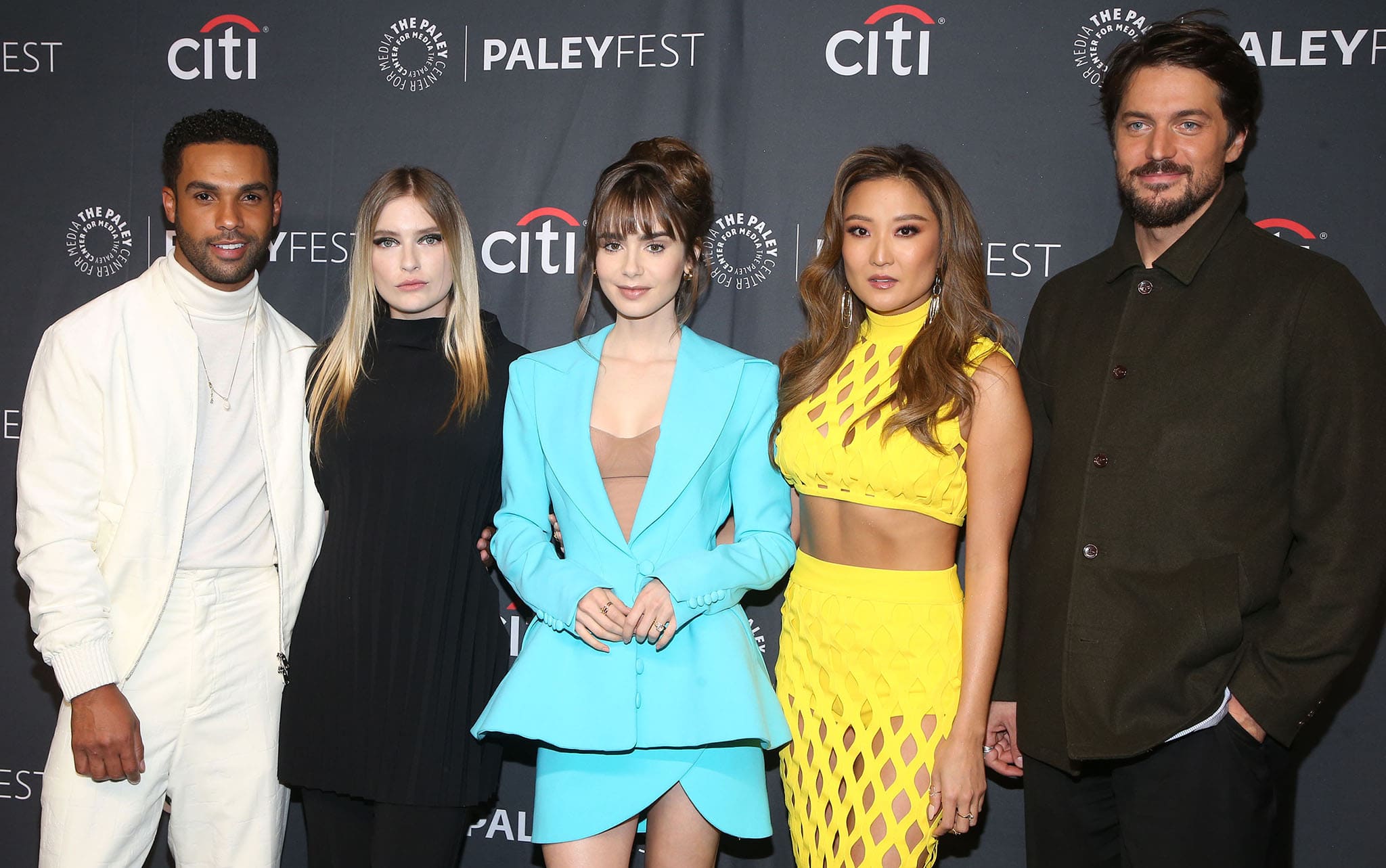 Emily in Paris cast Lucien Laviscount, Camille Razat, Lily Collins, Ashley Park, and Lucas Bravo at the PaleyFest 2022 on April 10, 2022