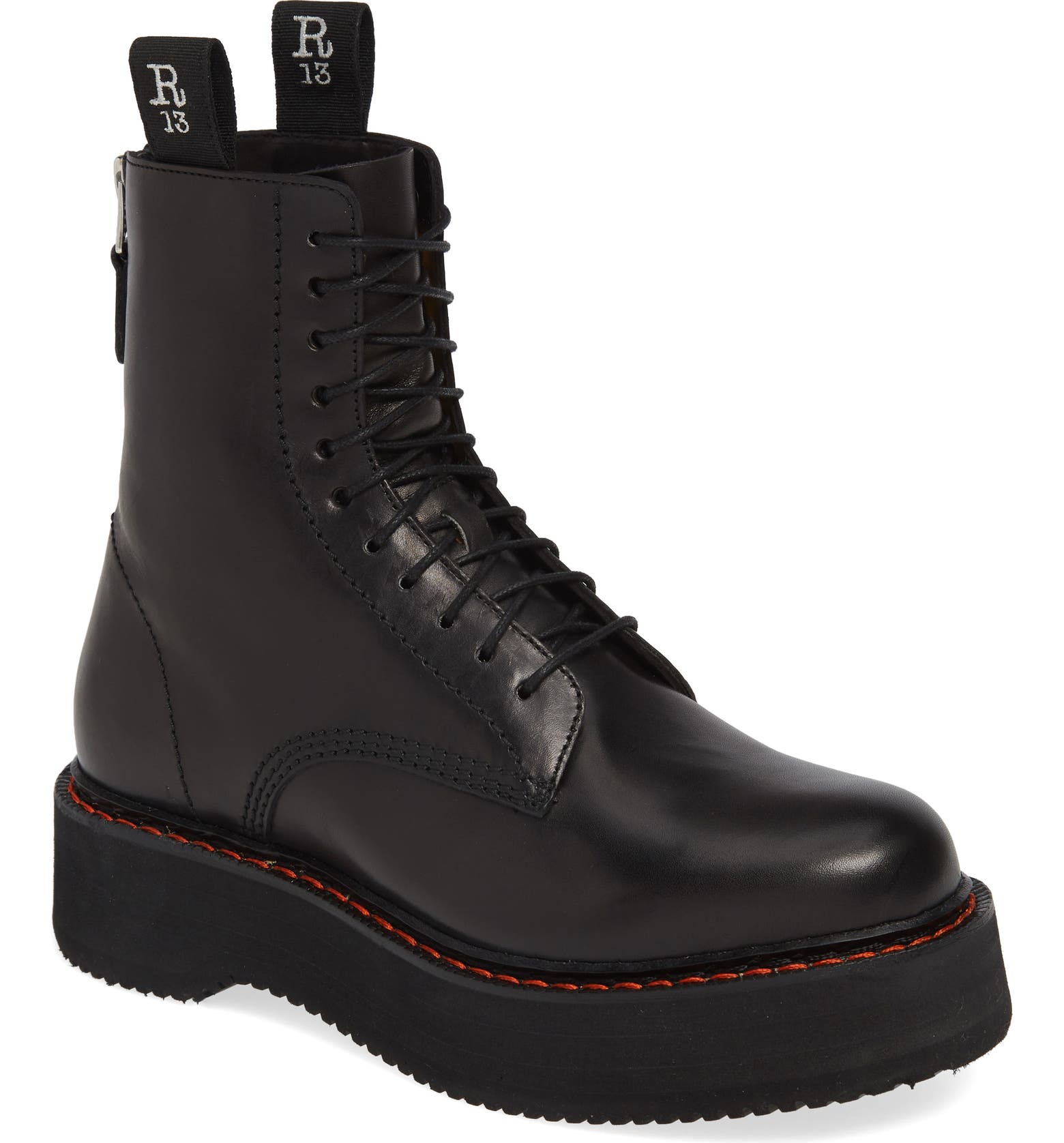 These combat boots feature R13's signature orange stitching and logo-embroidered pull tabs