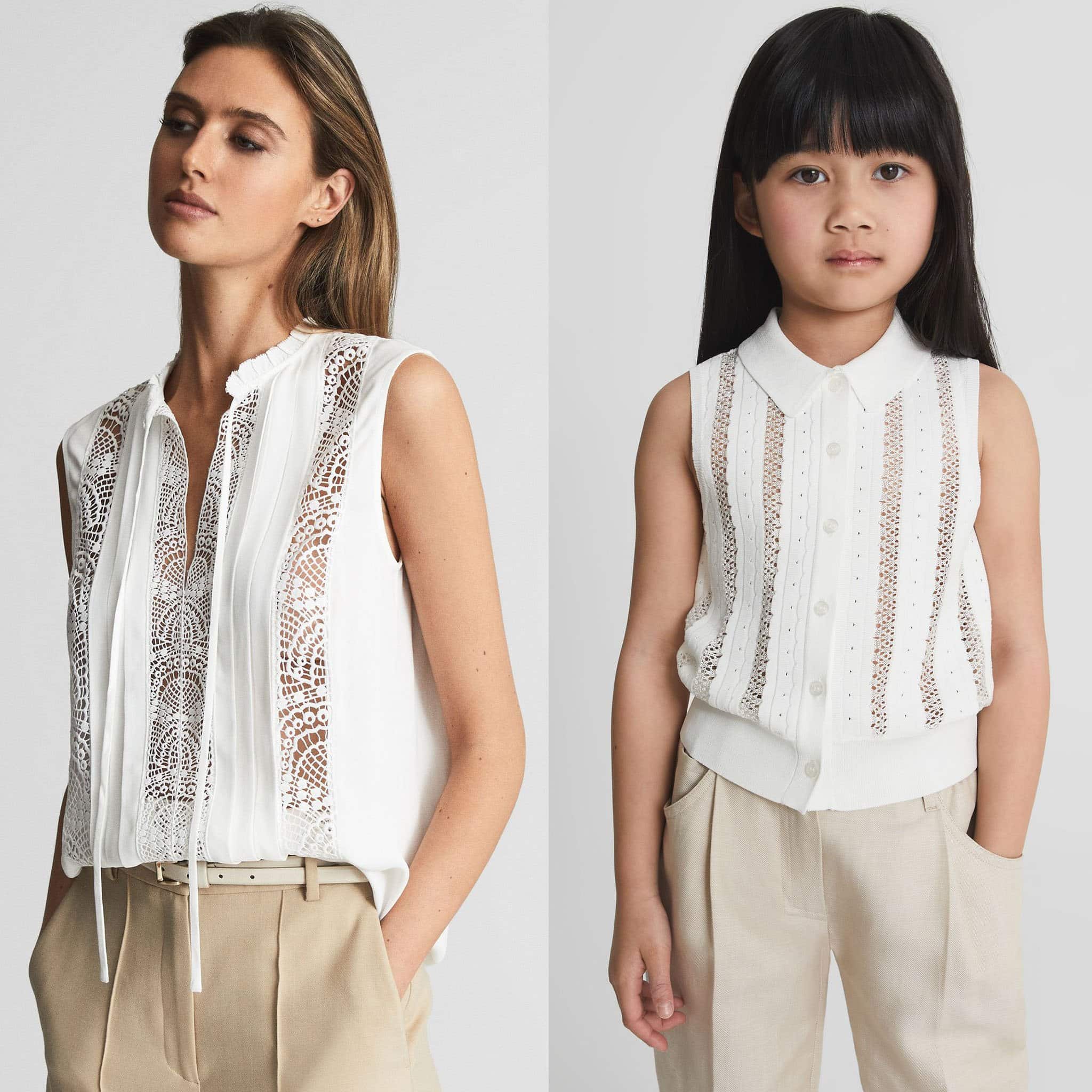 Greta Sleeveless Embroidered Lace Blouse; Callie Junior Knitted Button Through Cami Top