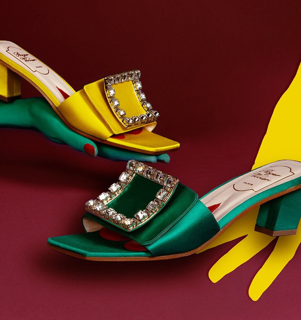 Roger Vivier is known for its unique, whimsical footwear designs and use of bold colors